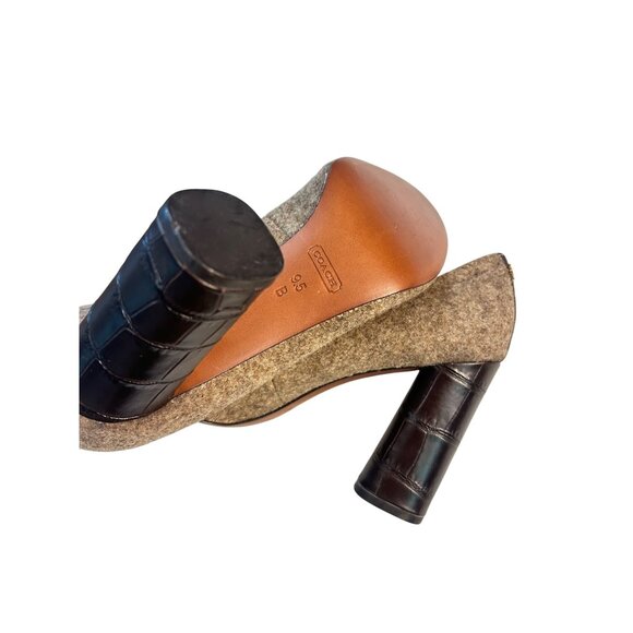 COACH Ophelia Taupe Wool Fabric Brown Leather Croc Embossed Pumps Size 9.5B - Picture 4 of 7